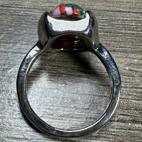 925 Sterling Silver Green Pink Red Mixed Stone Ring Smooth Oval Artistic Sz 8 - Picture 6 of 9